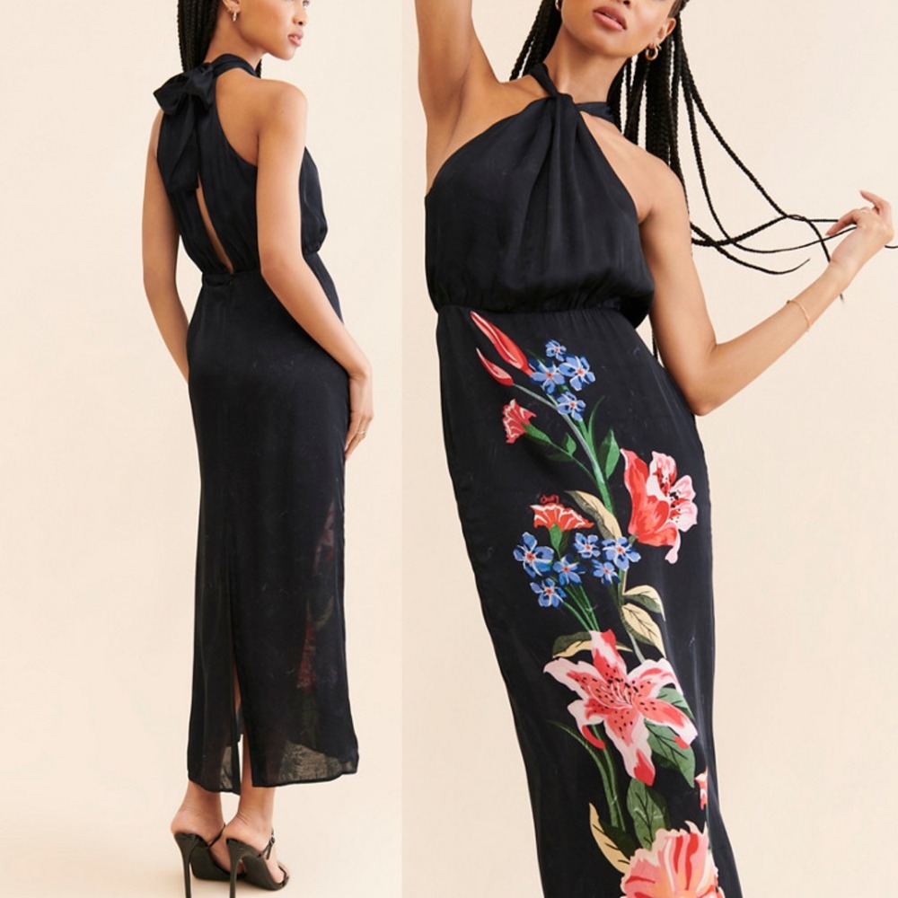 Chufy Black Floral Tie-Neck Halter Nika Maxi Dress Viscose Open Back Medium